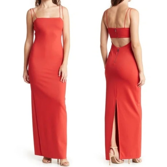 NWT ALICE + OLIVIA Nelle Nylon Cutout Maxi Dress in Bright Poppy 10 Square Neck - Picture 1 of 12